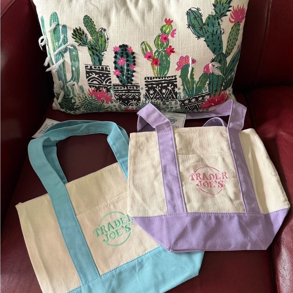 Trader Joe's Canvas Tote Set - Lavender & Aqua Trim